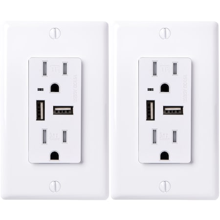 Faith Combination 4.6A USB Outlet and 15A TR Receptacle, White, PK 2 USB46-WH-02